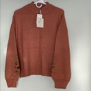 Nordstrom by Design Rose Dawn Knit Sweater with Floral Sleeve Embroidery XL